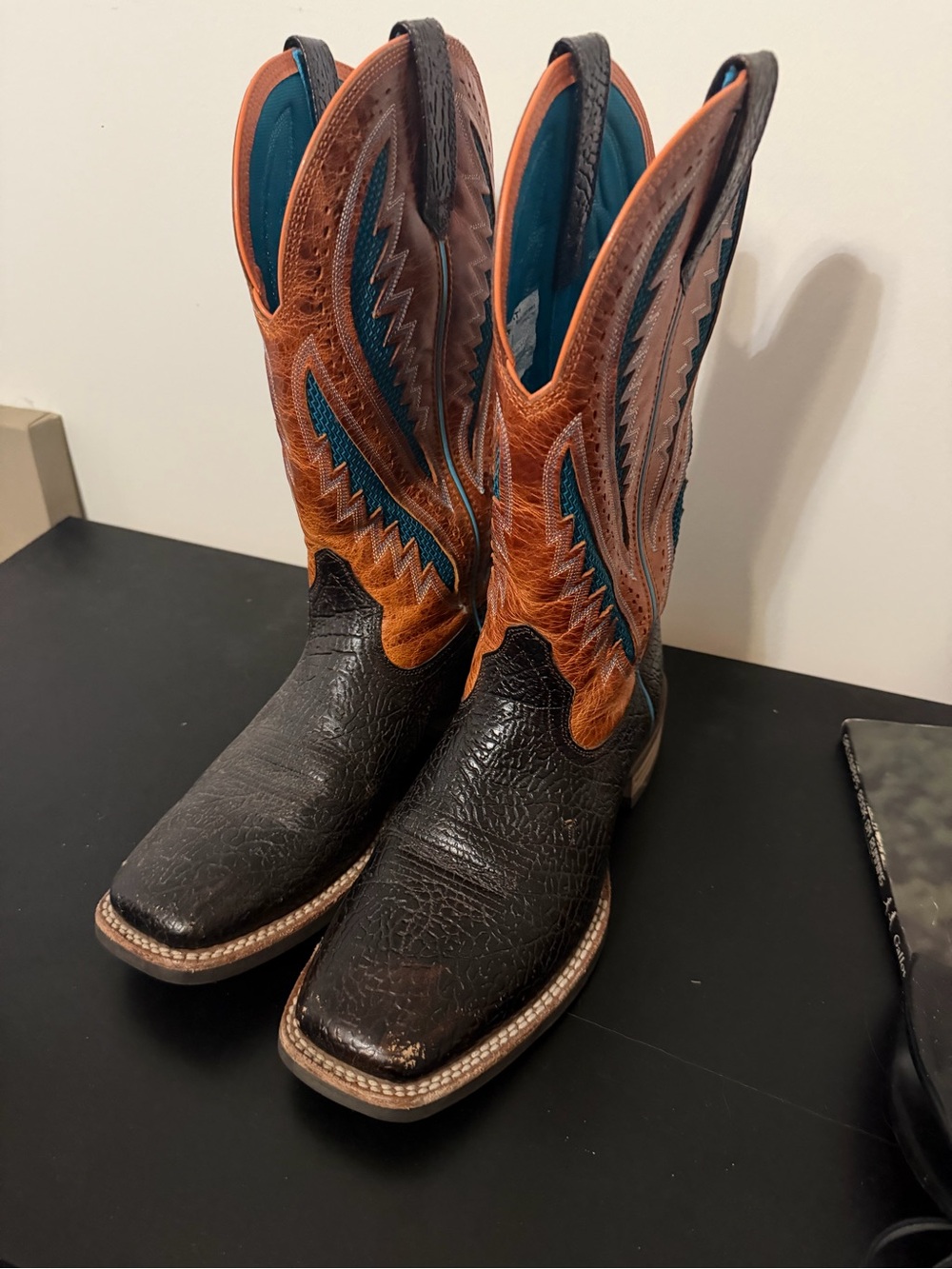 Men's Western Cowboy Boots - Black and Brown with Teal Stitching